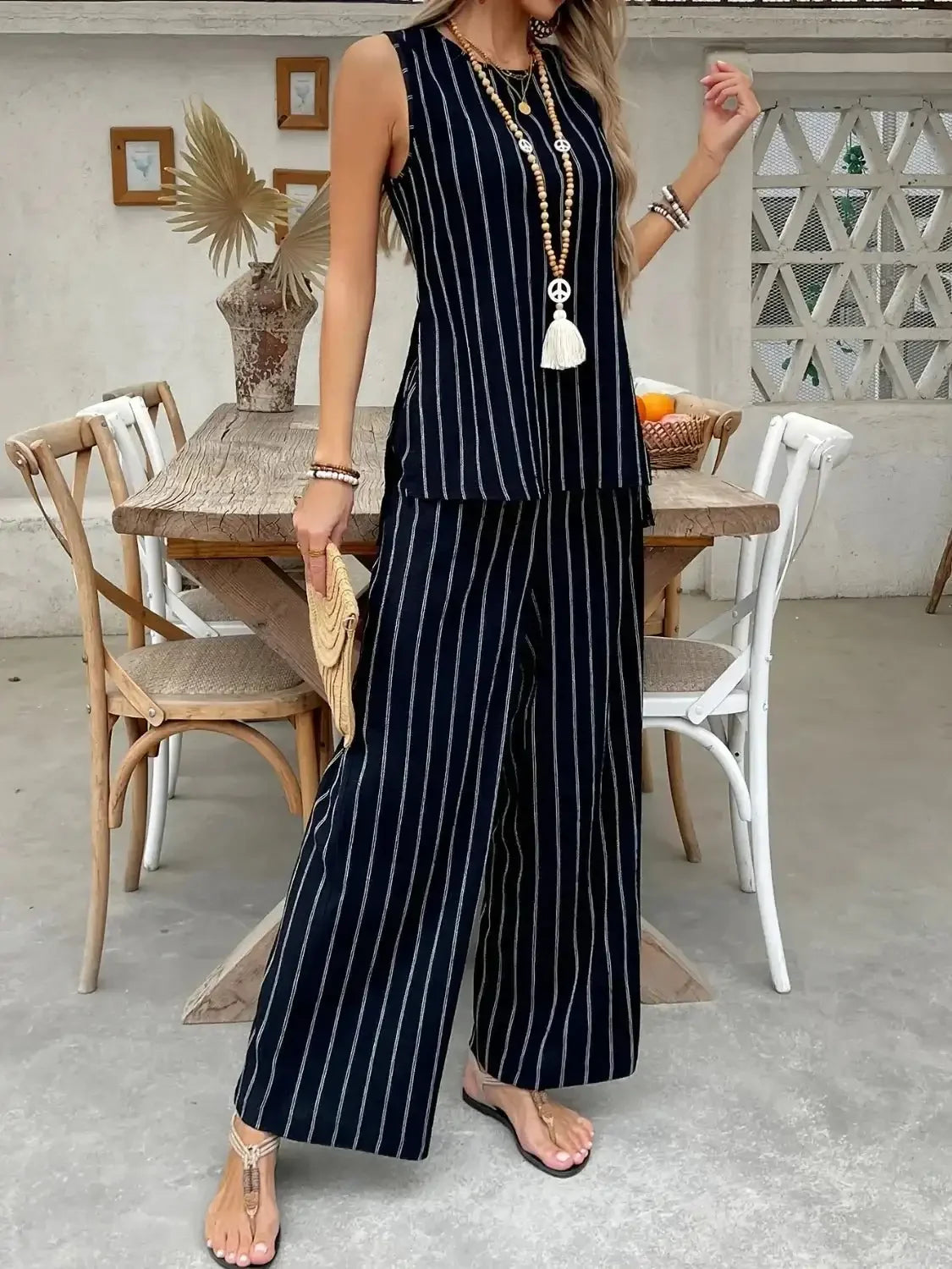 Striped Sleeveless Top and Pants Two - Piece Set - VILLA FASHION